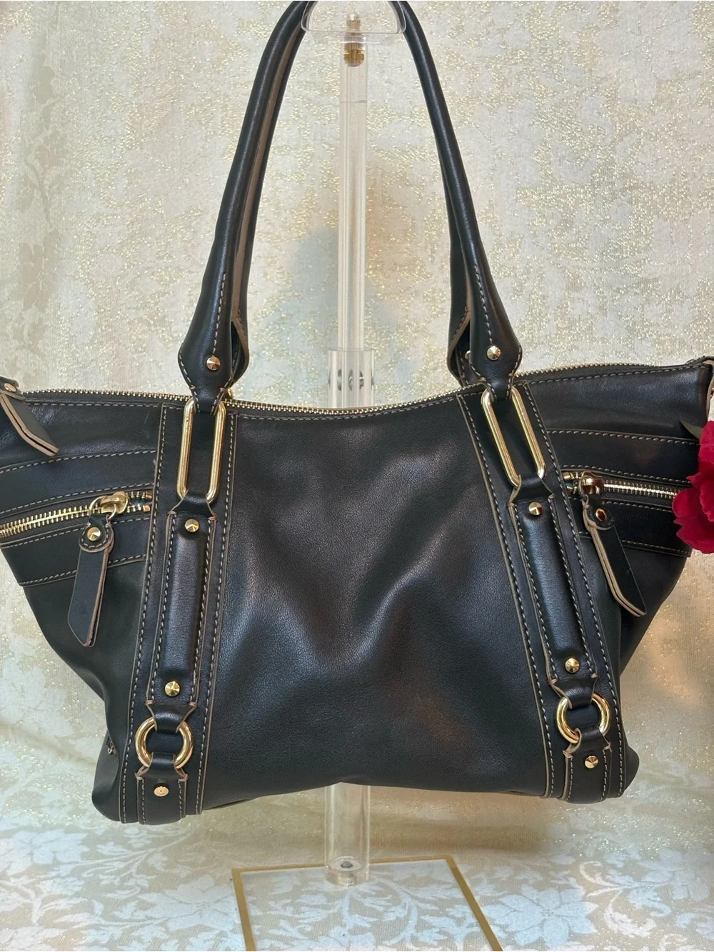 Cole Haan Dark Green Paige Leather Satchel with Gold Hardware